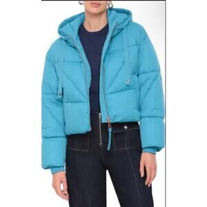 Avec Les Filles Cropped Puffer Jacket S Hooded Larimar Blue NWT Nordstrom